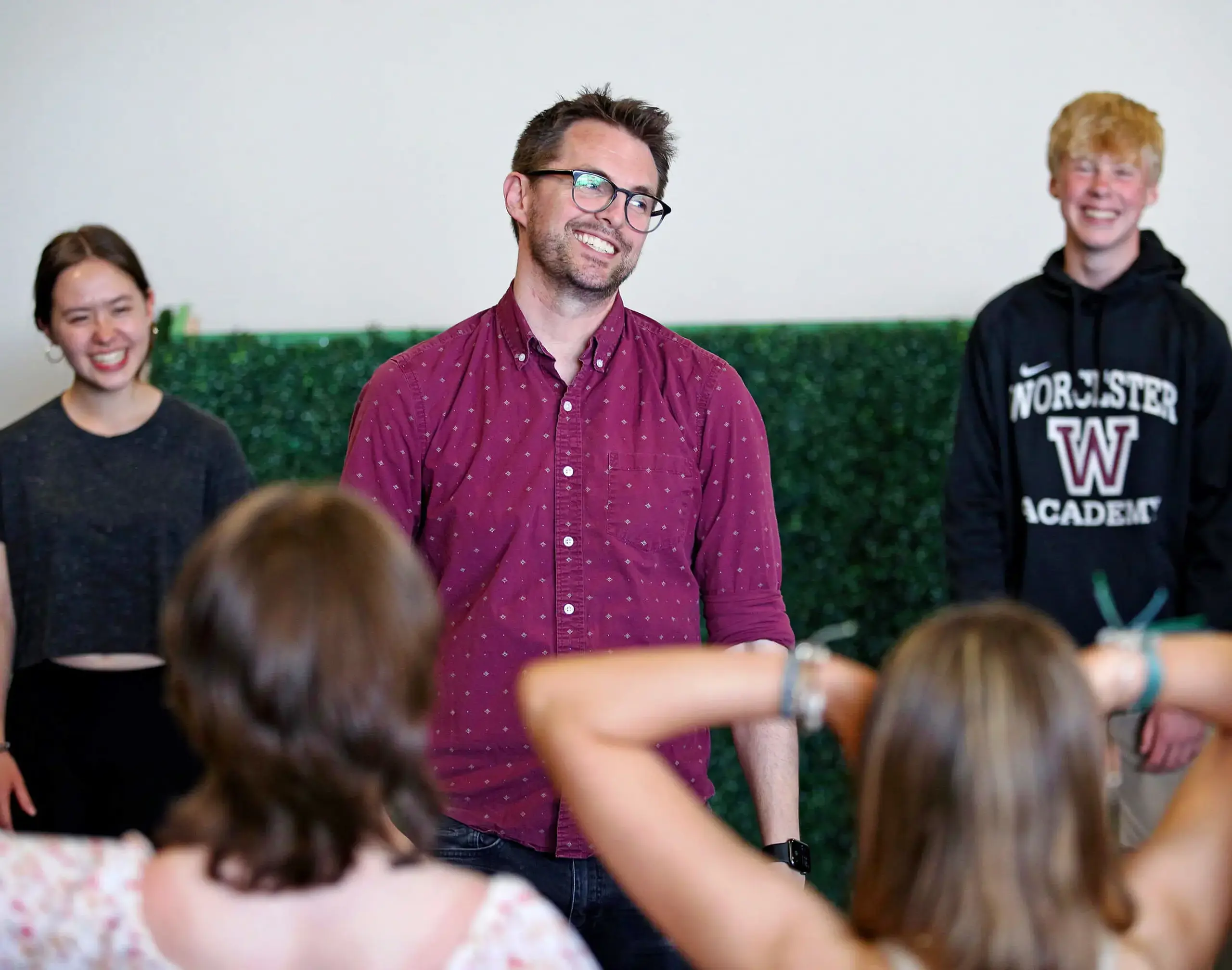 Worcester Academy teacher and students in a theater class