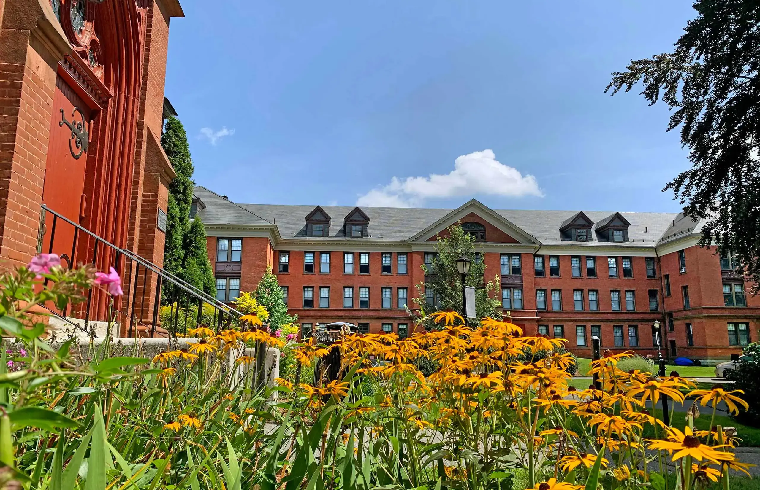 Worcester Academy Campus view with golden flowers in foreground.