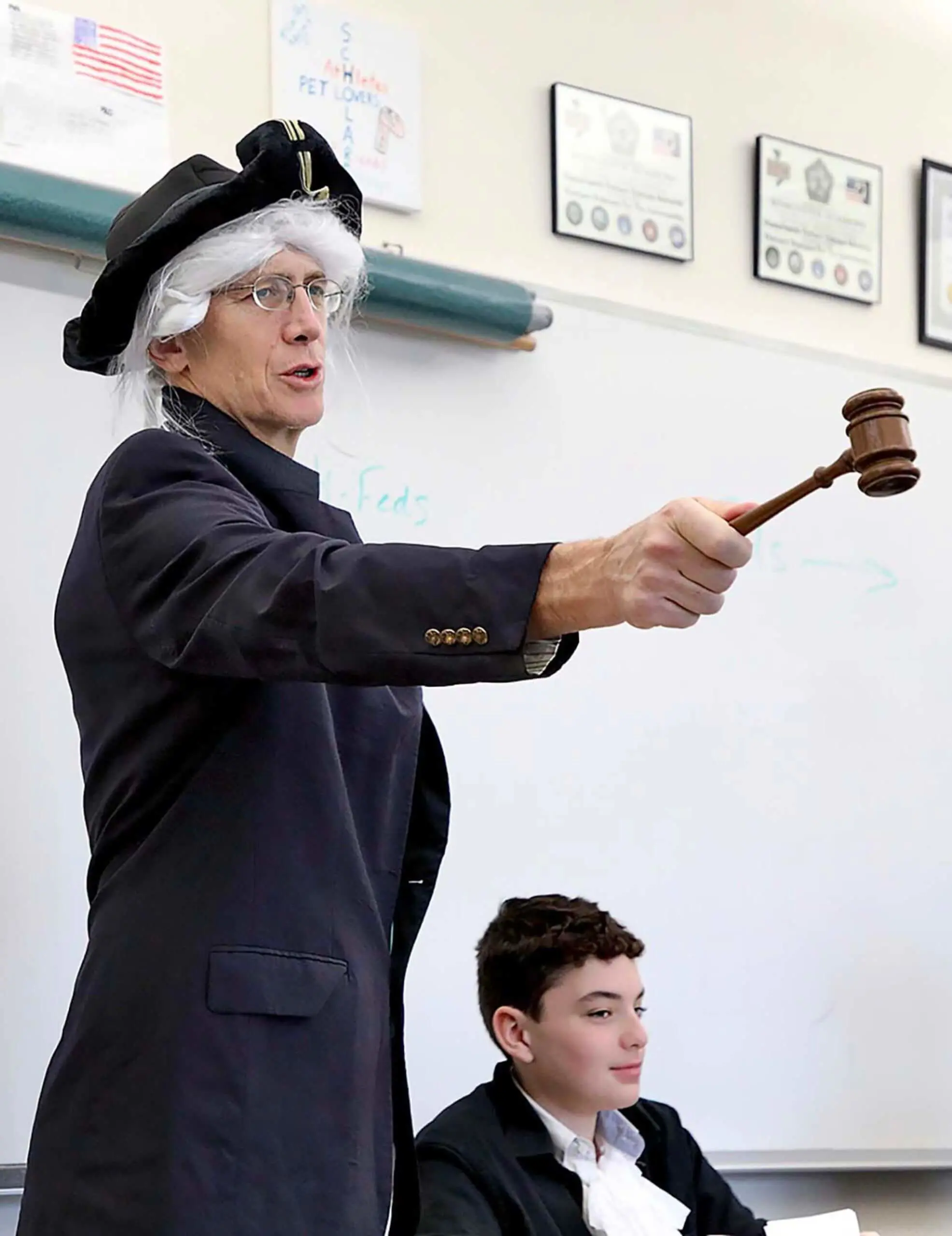 Worcester Academy Middle School History Teacher in 18th century costume during class