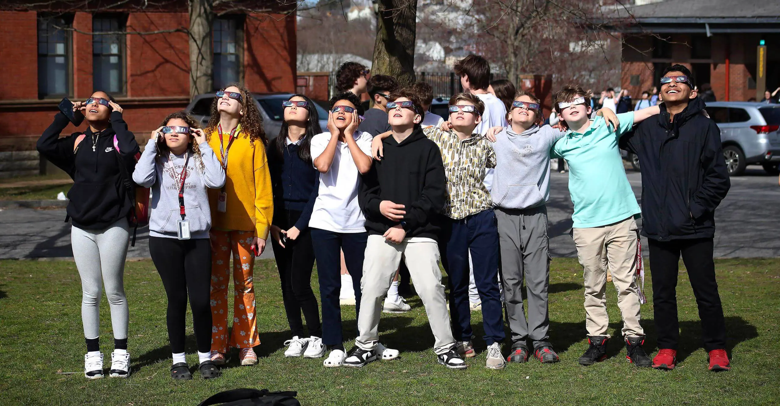 Worcester Academy Middle School students watching a solar eclipse.