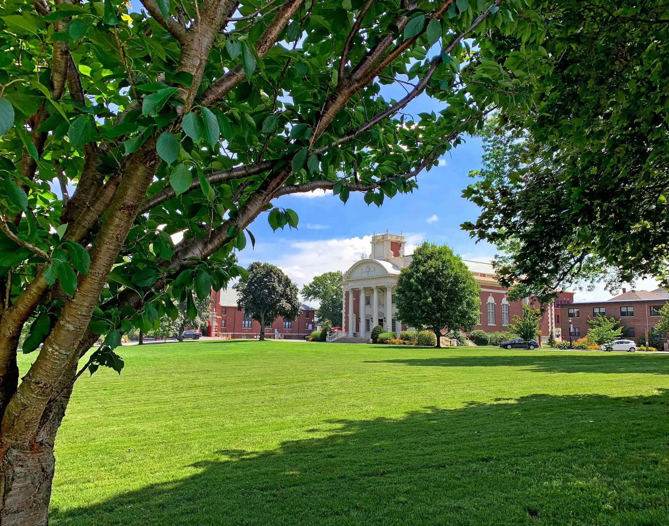 Worcester Academy Campus view of the Warner Building through leafy trees in spring