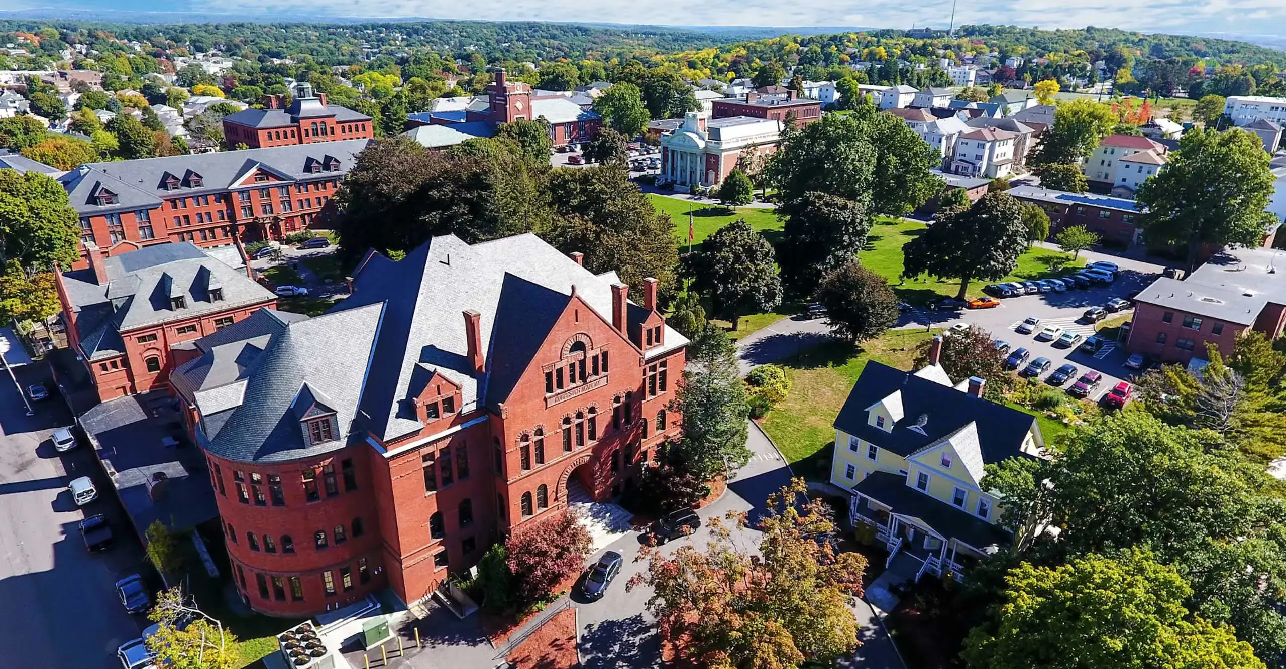 Aerial view of Worcester Academy Campus.