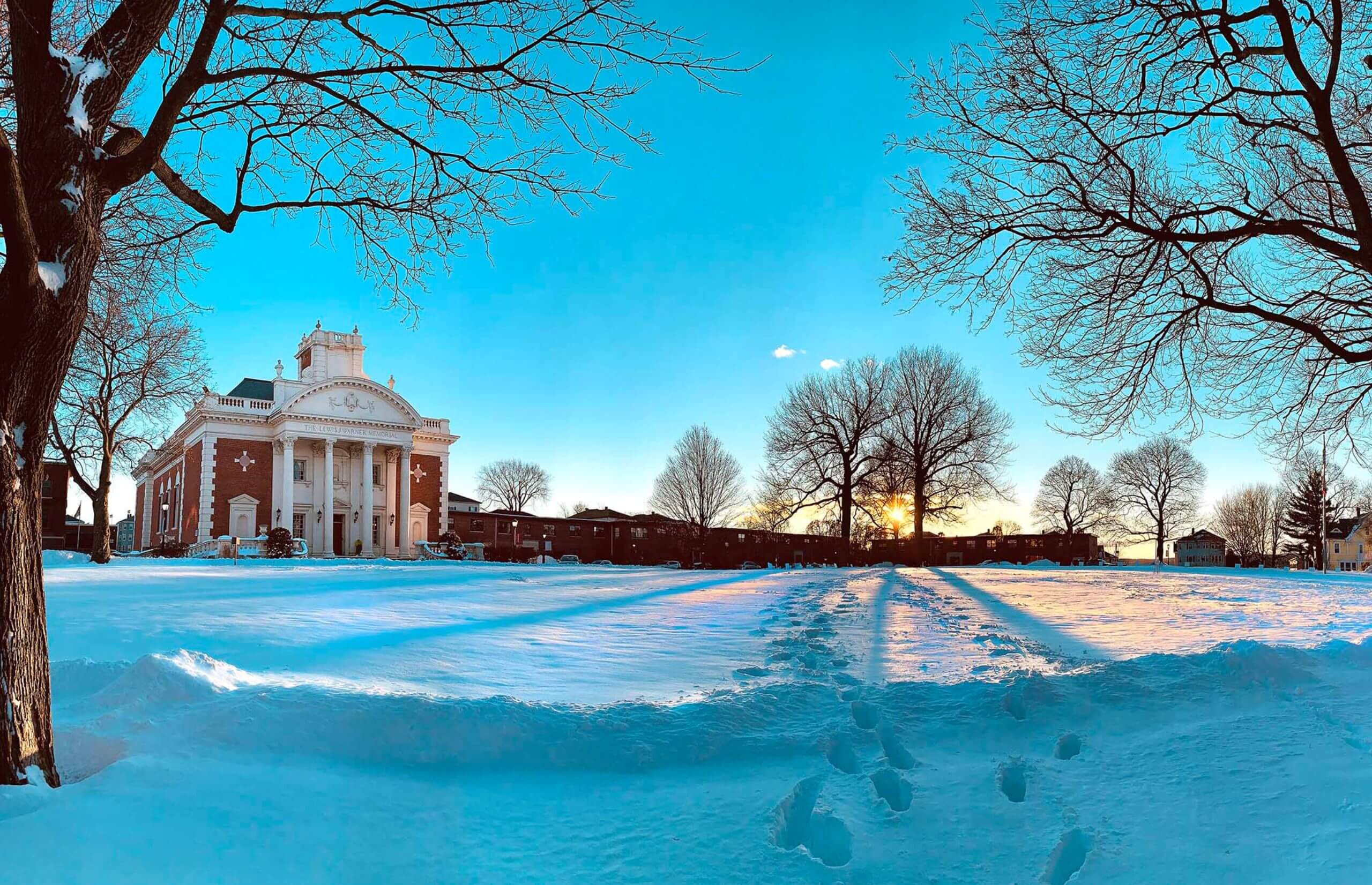 Worcester Academy Warner memorial building in the snow