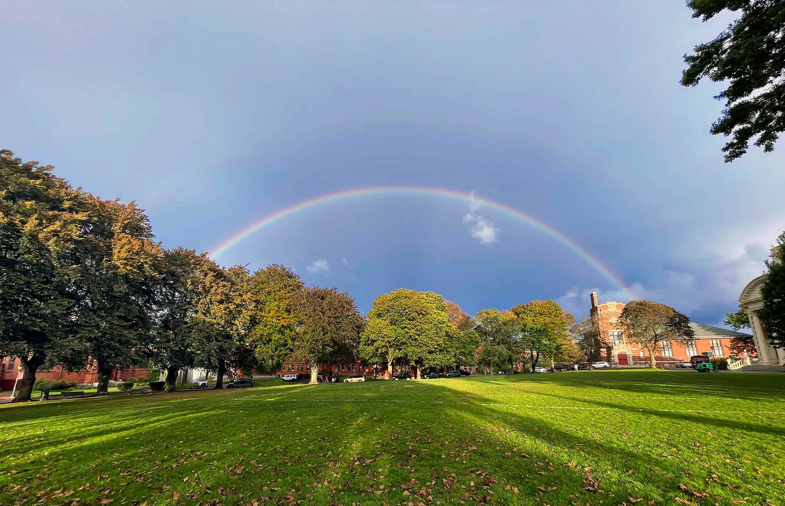 Rainbow over Worcester Academy campus