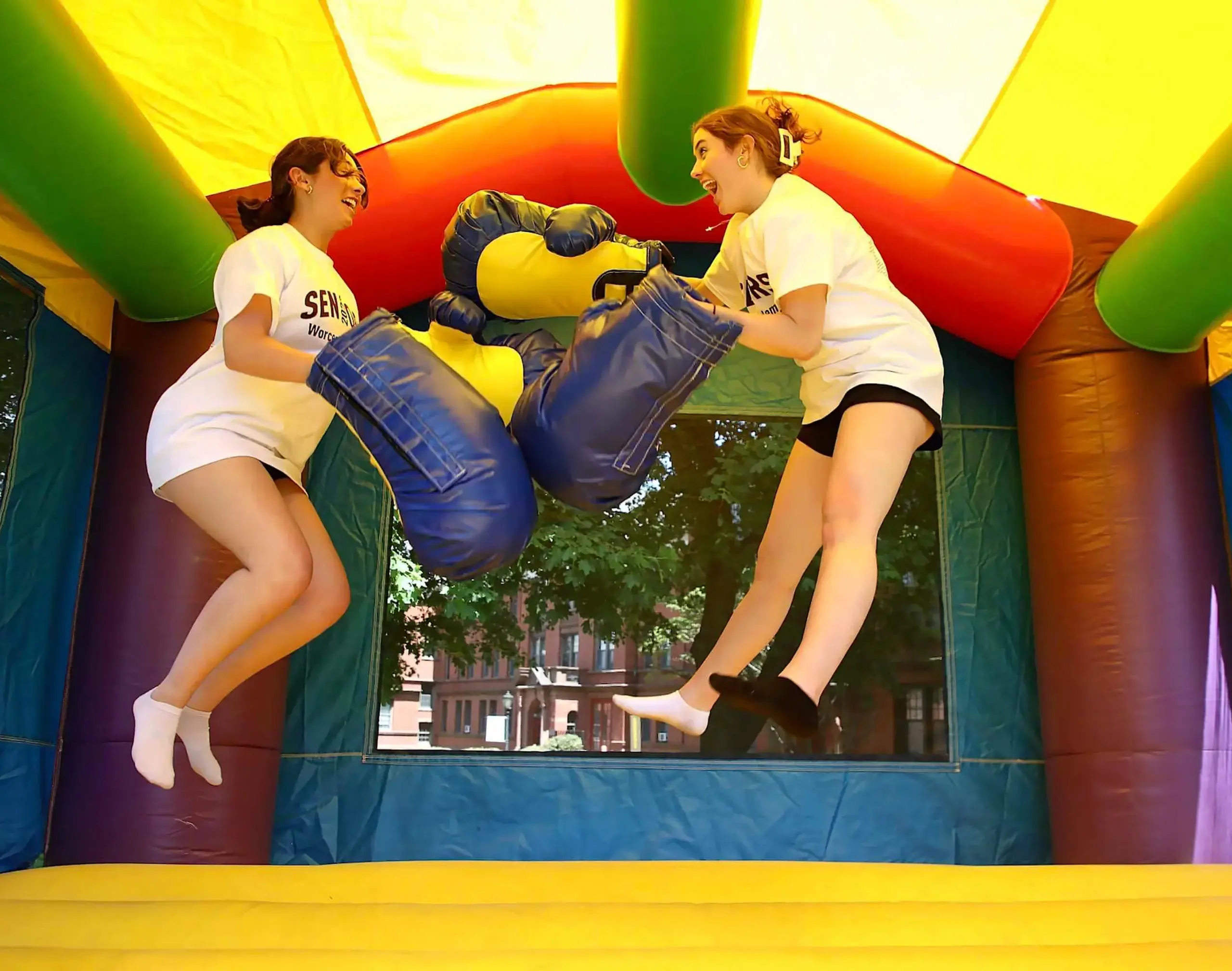 Worcester Academy students on a bouncy castle during Battle For The Hilltop